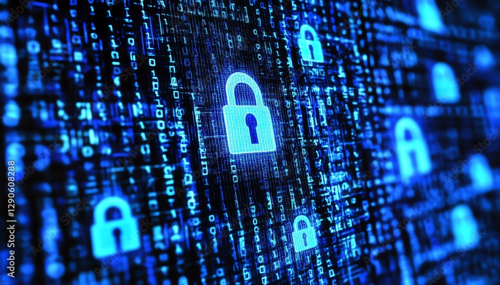 Aufkleber detailed illustration of encryption symbols and digital locks, with a blue cyber shield safeguarding