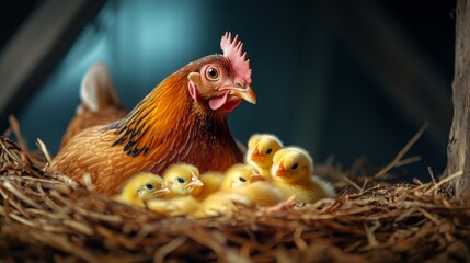 Fototapeta premium Mother chicken sits on her eggs with her chicks. The mother hen is surrounded by her babies, and they are all huddled together in a nest. Concept of warmth and protection
