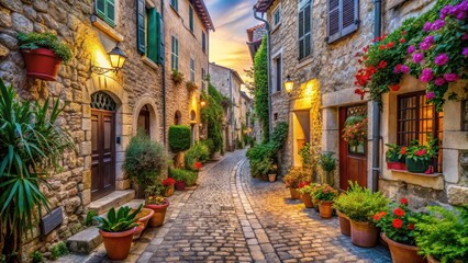 Naklejka premium Narrow cobblestone street lined with medieval-style buildings and overflowing flower pots in Antibes old town at sunset, cobbled streets, alpine style buildings