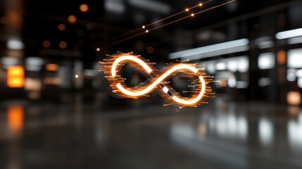 Abstract glowing infinity symbol in modern interior space