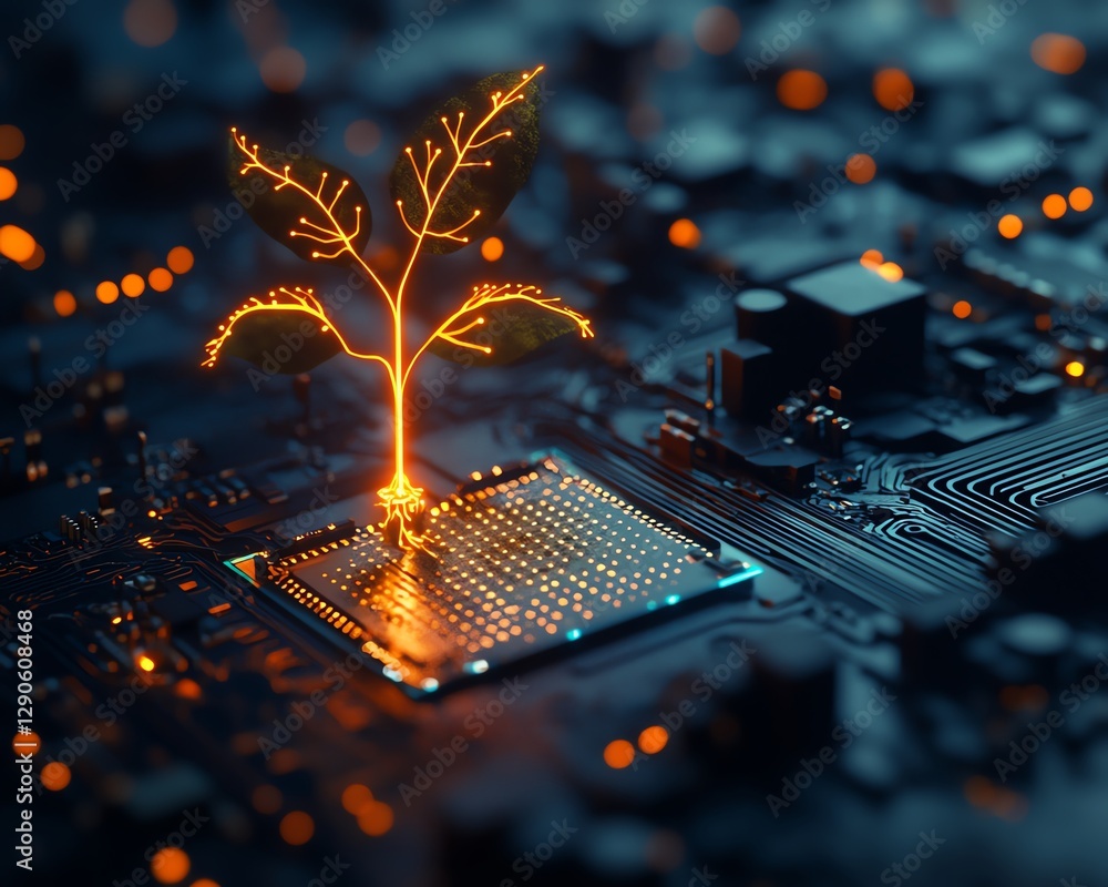 Poster detailed illustration of a neon glowing tree growing from a microchip on an electronic circuit board