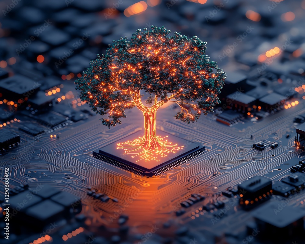 Poster detailed illustration of a neon glowing tree growing from a microchip on an electronic circuit board