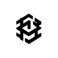 Black and White Isometric Cube Logo with an Abstract 