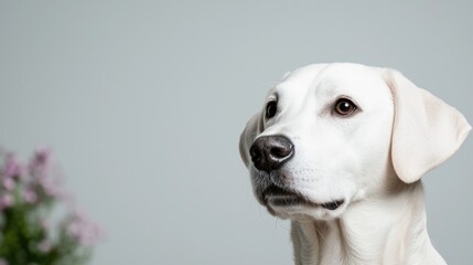 White Labrador dog portrait, neutral background, flowers. Pet adoption website