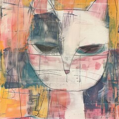 This artwork features a vibrant abstract cat with striking facial features, blending colors and shapes to create a whimsical and artistic representation. The background is a mix of bold hues