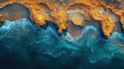 Obraz premium Aerial view of golden coast rocks and turquoise waves