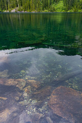 A serene and tranquil lake displays crystal clear waters, revealing underwater rocks and reflections of the surrounding lush green forests and hills under soft lighting.