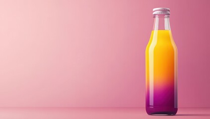 Vibrant Elixir in a Glass: A colorful gradient beverage fills a sleek glass bottle, set against a minimalist backdrop, celebrating refreshment and enticing visual appeal.