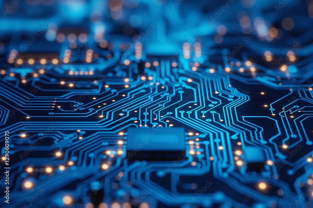 Aufkleber close-up of an intricate blue circuit board with glowing lines and components, symbolizing advanced 