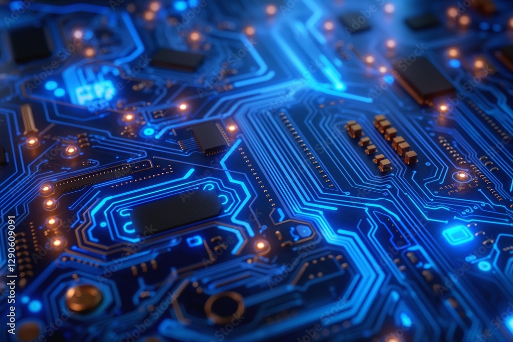 Poster close-up of a blue glowing circuit board with intricate pathways and components highlighting advance