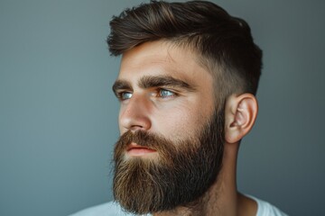 Obraz premium Profile of a young Caucasian male with a well-groomed beard and piercing blue eyes, showcasing modern male grooming.