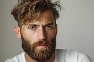 Fototapeta premium Close-up portrait of a young Caucasian man with a thick beard and striking blue eyes, exuding confidence and authenticity.