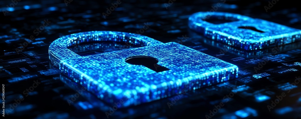 Poster concept art of encryption symbols and a digital lock, with a blue cyber shield protecting data from 