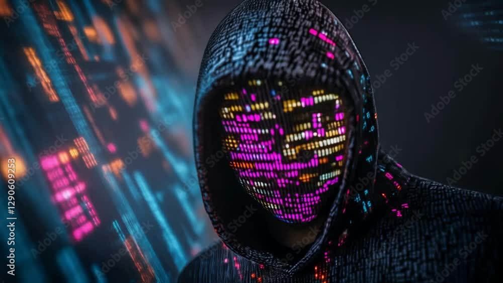 Poster anonymous figure in a digital hoodie with glowing data streams. cybersecurity, hacking, digital priv