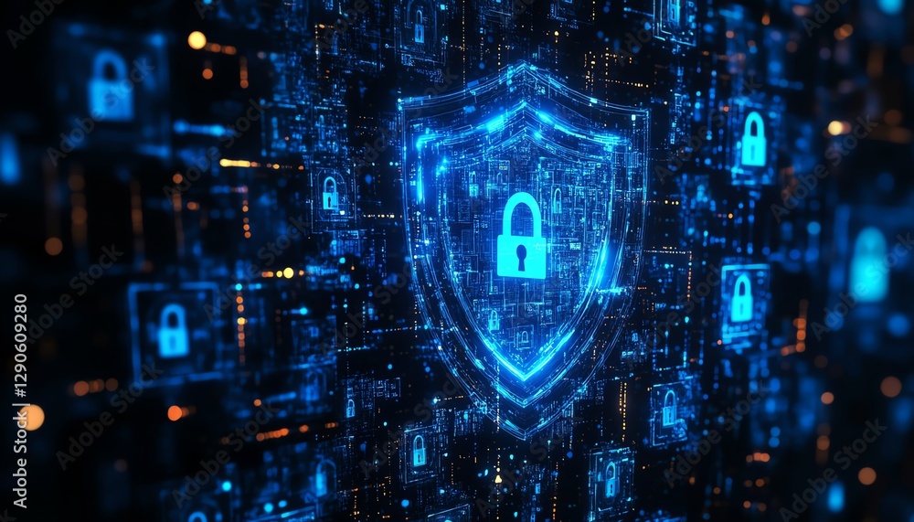 Poster Artistic representation of encryption symbols and digital locks securing data