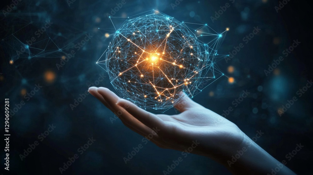 Poster exploring the connections of innovation a glowing sphere in a hand virtual environment digital art a