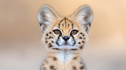 Obraz premium Serval kitten looking directly at the camera in a close-up portrait with a soft bokeh background.