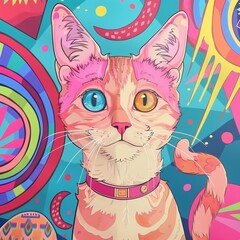 A vibrant and playful illustration of a cat with one blue eye and one orange eye, surrounded by colorful geometric patterns. The cat's distinctive features capture artistic creativity