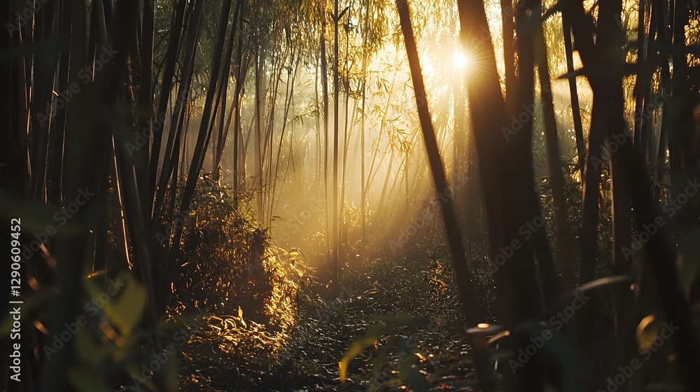 Poster sunlight filtering through dense trees, tranquil forest scene with misty atmosphere, ideal for natur