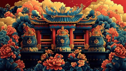 Obraz premium Ornate Asian Temple amidst Clouds and Flowers