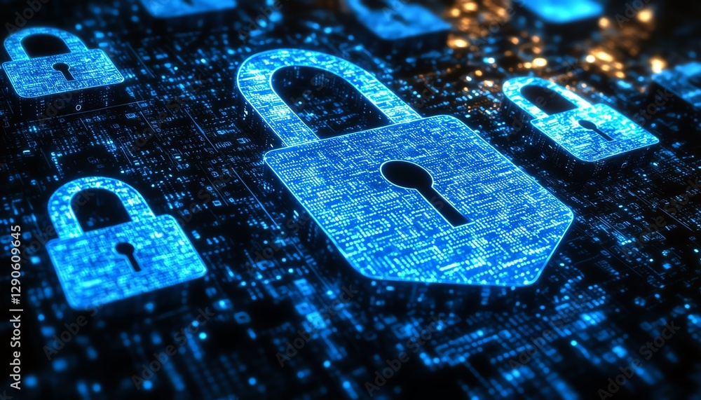 Leinwandbilder Futuristic illustration of encryption symbols and digital locks securing data, with a blue cyber shield guarding against the dark web and symbolizing technology and online safety