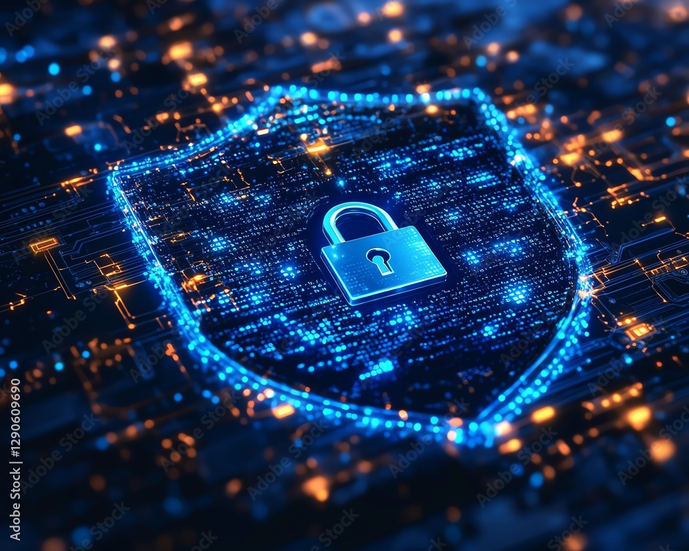 Aufkleber illustration of encryption symbols and digital locks securing data, with a blue cyber shield protect