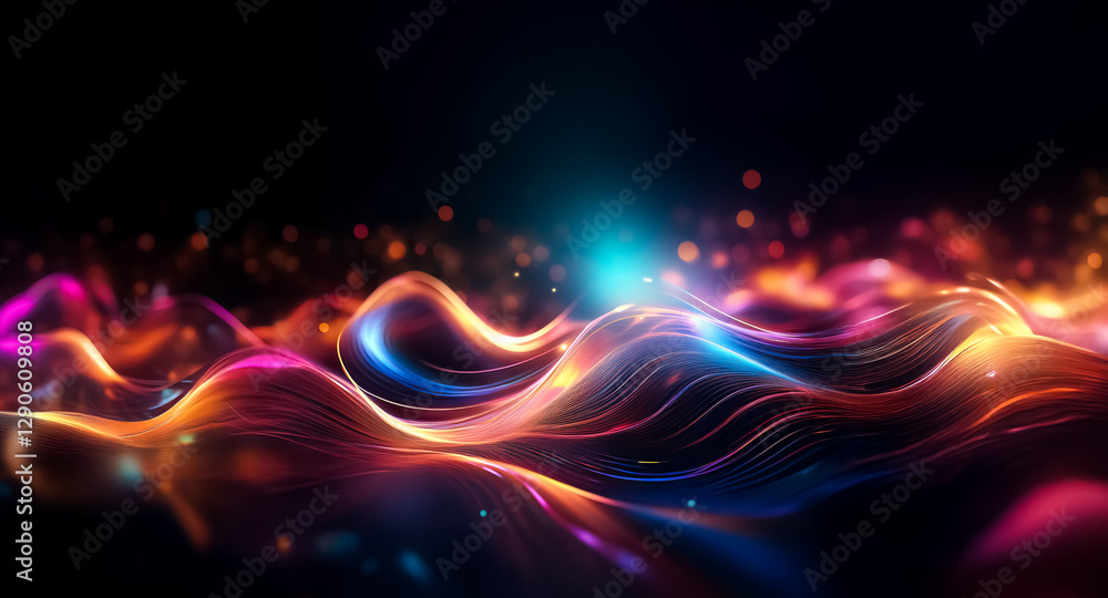 Poster abstract waves of vibrant light flow on a dark backdrop, creating a colorful, flowing, and bright sc