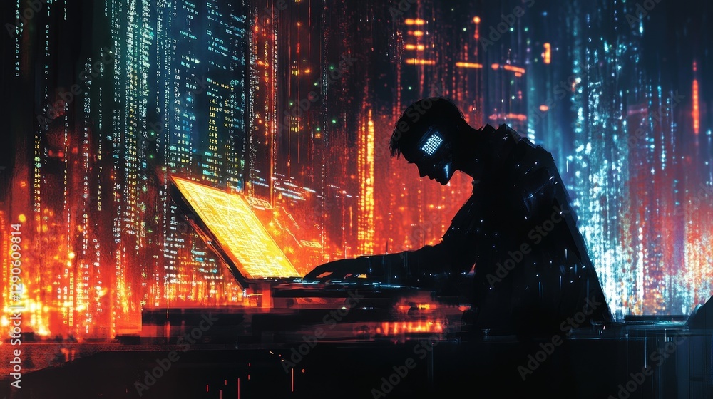 Poster a hacker in a dimly lit room typing rapidly, with lines of code and encrypted data flashing on the s