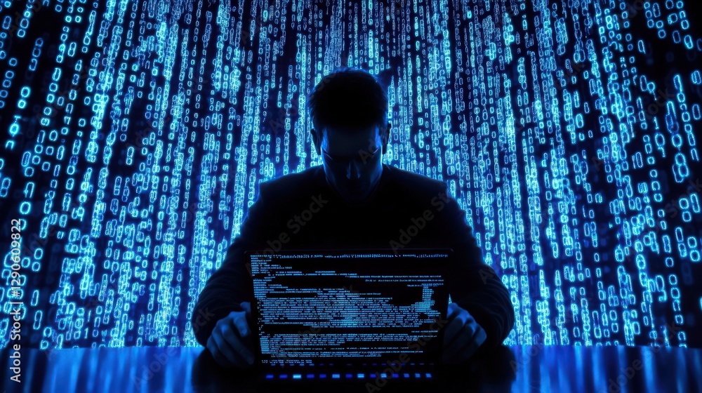 Poster a hacker in a dimly lit room typing rapidly, with lines of code and encrypted data flashing on the s