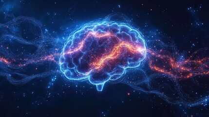 Abstract background with glowing brainwaves, neural pathways, and energetic thought flows 