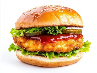 Delicious crispy chicken burger with lettuce, pickles, and a sesame seed bun.