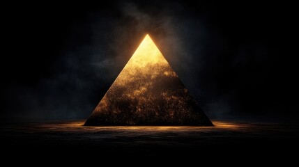 Glowing golden pyramid illuminated in dark atmosphere