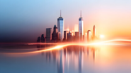 Fototapeta premium New York skyline silhouette with Twin Towers and USA flag at sunset. American Patriot Day banner