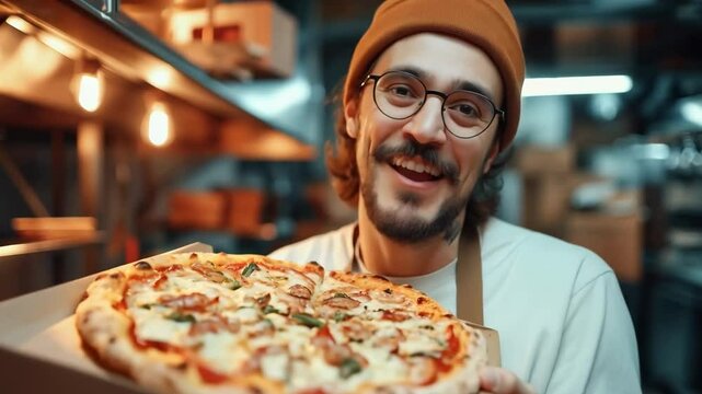 A European man with glasses smiles and shows the classic Italian pizza he has prepared. Generative AI
