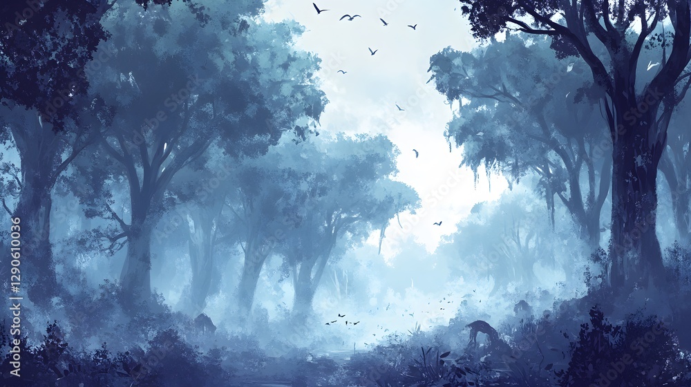 Poster mysterious forest at dusk, dense trees with soft blue hues, foggy atmosphere creating an enchanting 