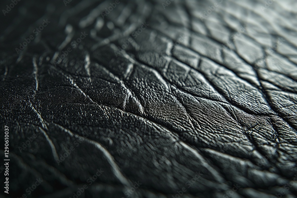 Poster close-up of textured black leather surface showcasing intricate patterns and natural creases.