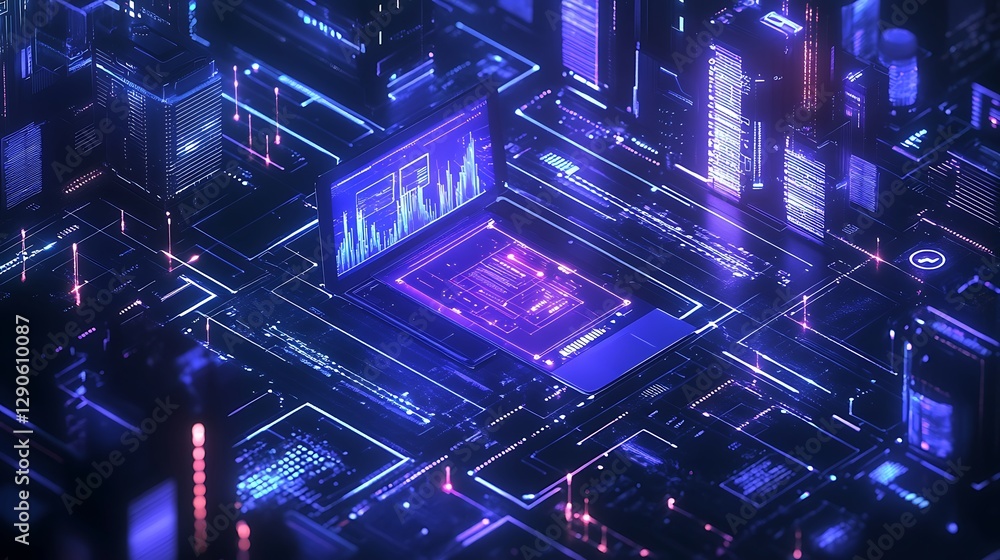 Poster futuristic laptop with data visualizations, a futuristic laptop with glowing graphics and data visua