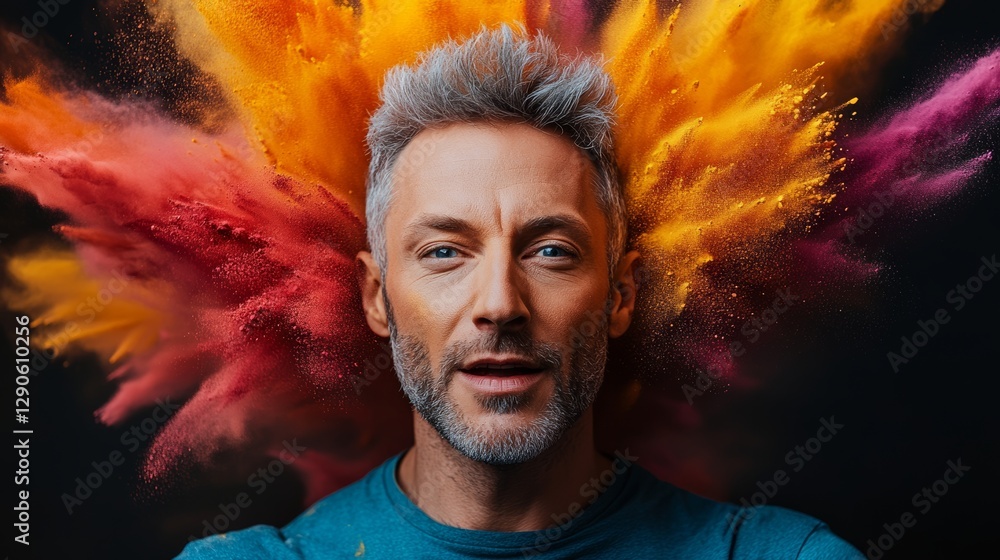 Aufkleber man with a beard and gray hair is standing in front of a colorful explosion. he is smiling and looki