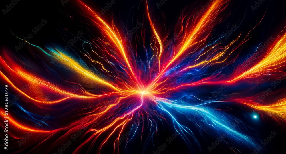 Aufkleber vibrant abstract art features colorful energy streams radiating from a central point against a dark 