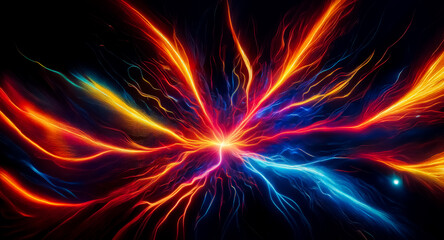 Vibrant abstract art features colorful energy streams radiating from a central point against a dark backdrop. Fiery red, orange, yellow, blue, and turquoise hues create a sense of dynamic motion and p