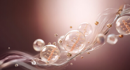 Transparent spheres with helix structures float in a fluid, against a soft brown and white backdrop, suggesting science or abstract concepts.
