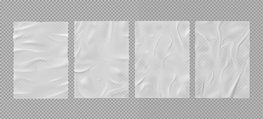 Paper wrinkled poster vector set, wet paper sheet template with transparent crumpled texture, glued wrinkles white tape