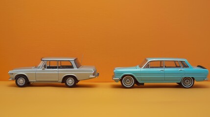 Fototapeta premium Two Vintage Toy Cars on a Orange Background