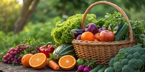 Organic Food Display with Basket and Natural Background.