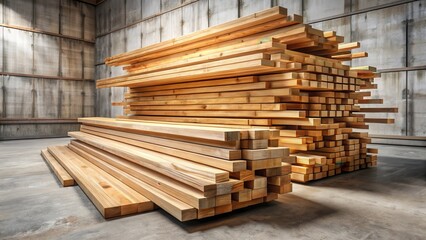 Fototapeta premium Detailed wooden lumber stack with various sizes of wooden planks and beams stacked neatly on a concrete floor, carpentry, building materials