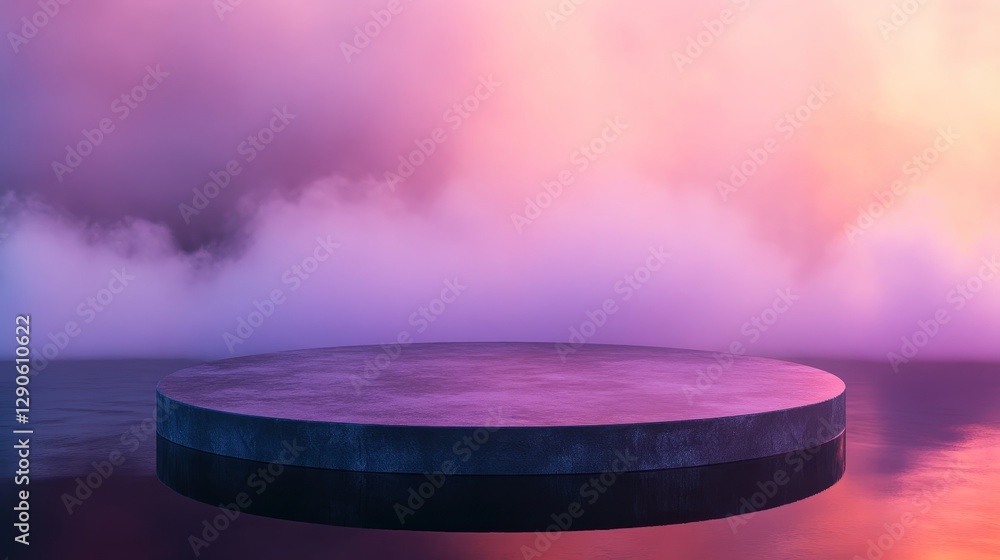 Poster serene platform surrounded by mist during twilight illuminating the horizon with soft colors