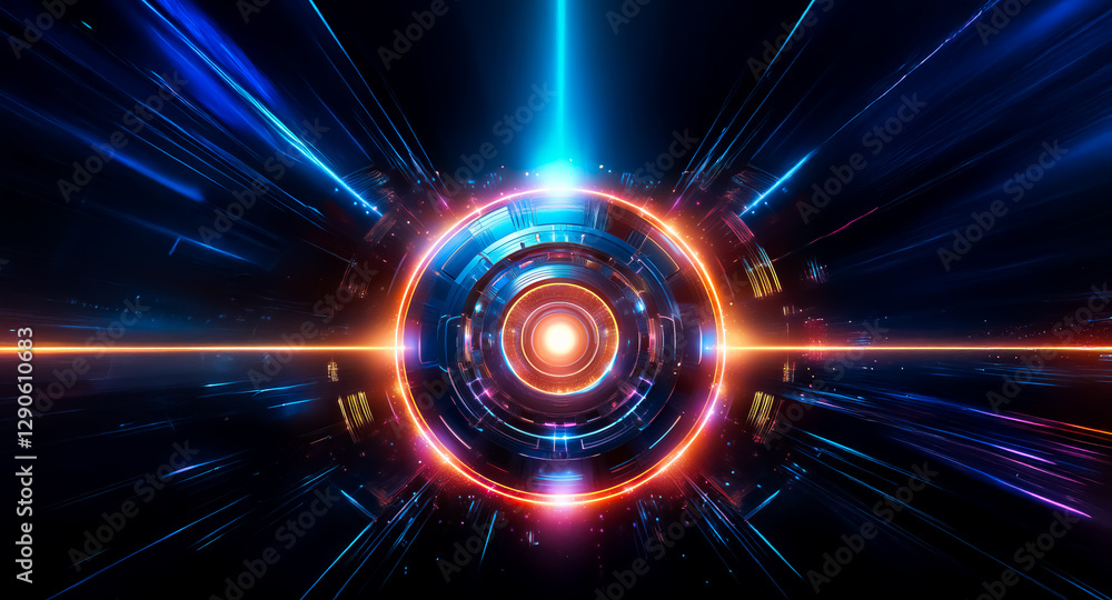 Poster vibrant, glowing circle with radial lines emitting from the center. abstract futuristic design with 