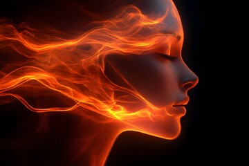 Obraz premium Female Silhouette with Fiery Abstract Light Flows - Digital Art Concept for Creativity and Energy Design
