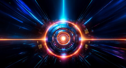 Obraz premium Vibrant, glowing circle with radial lines emitting from the center. Abstract futuristic design with bright blue and orange colors creates a dynamic and energetic scene.