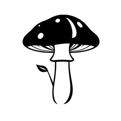 Black and white illustration of a mushroom, featuring a stylized mushroom with dark spots and an adjacent leaf.